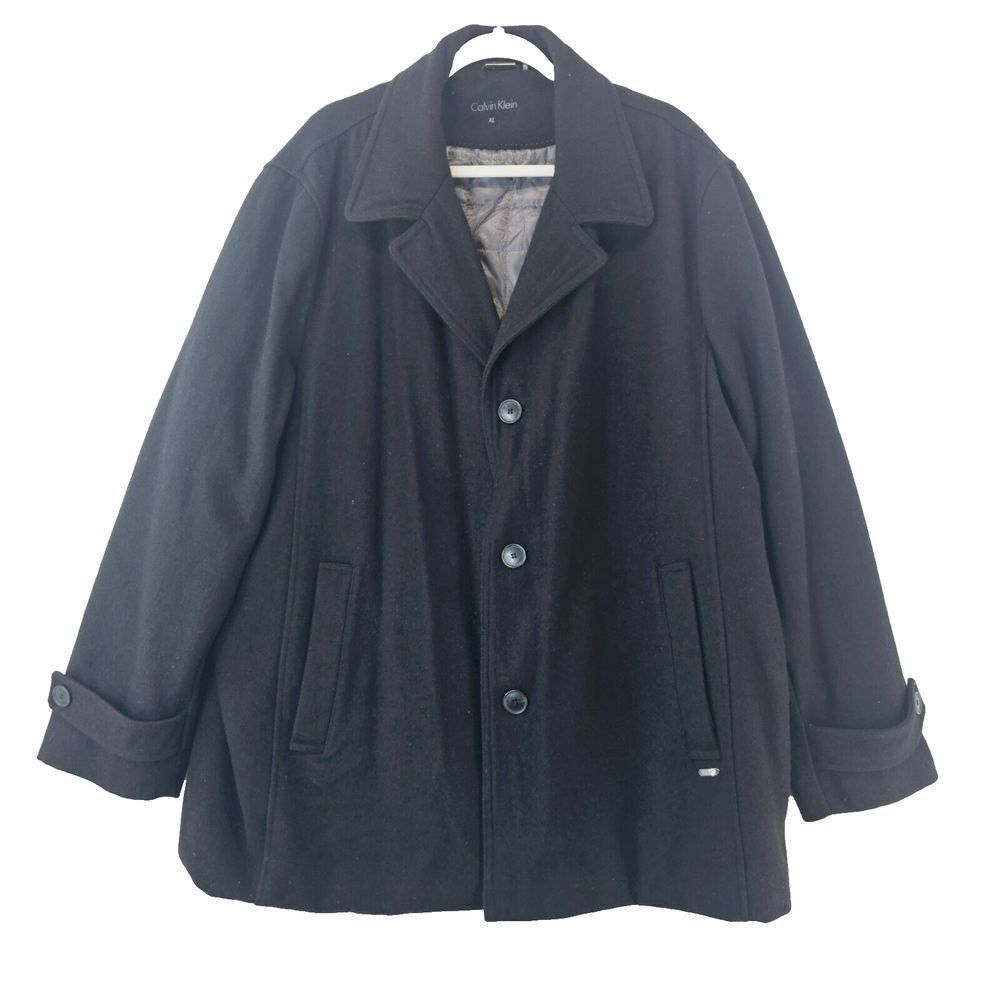 Calvin Klein Overcoat Men's XL Black Wool Blend Three Button Classic Thick Heavy